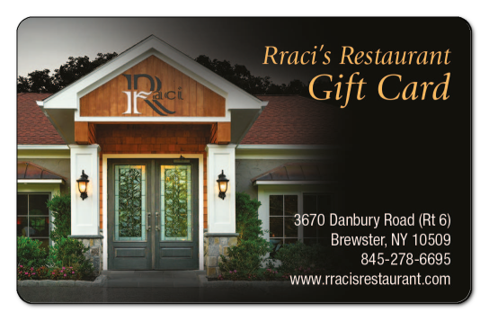 Image of Rraci's Ristorante storefront on a black background with address and contact information.